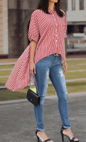Striped Batwing sleeve Dip Hem Top - Picture 8 of 8